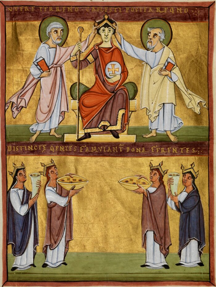 Illuminated miniature of Emperor Otto III being crowned by two saints, below are people bringing gifts of rare stones